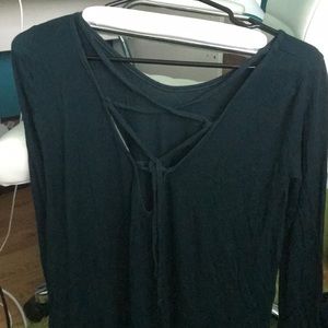 Scoop-neck lace up back long sleeve top